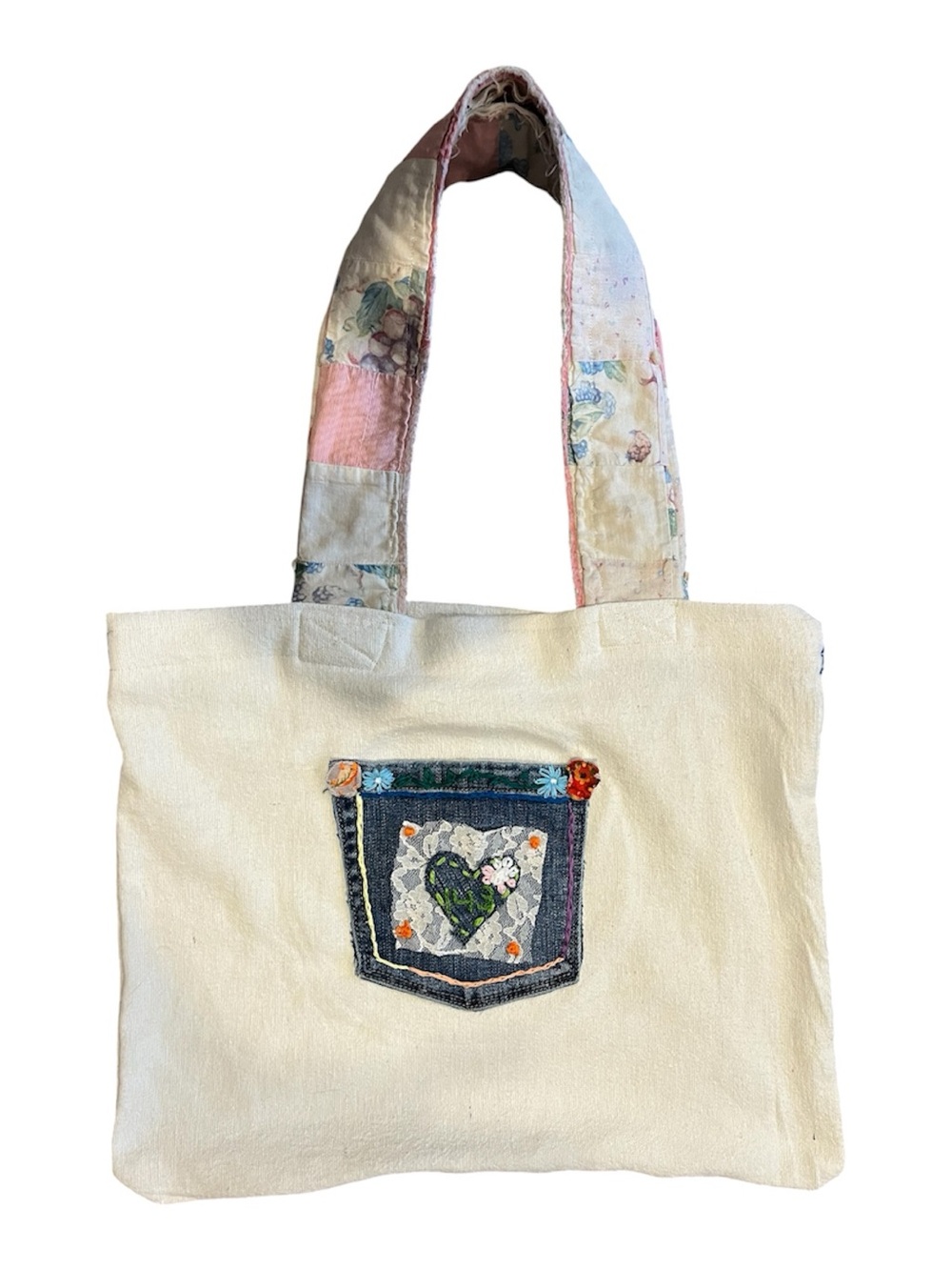 UPCYCLED Cream Patchwork-Handled Tote with Heart Pocket Accent